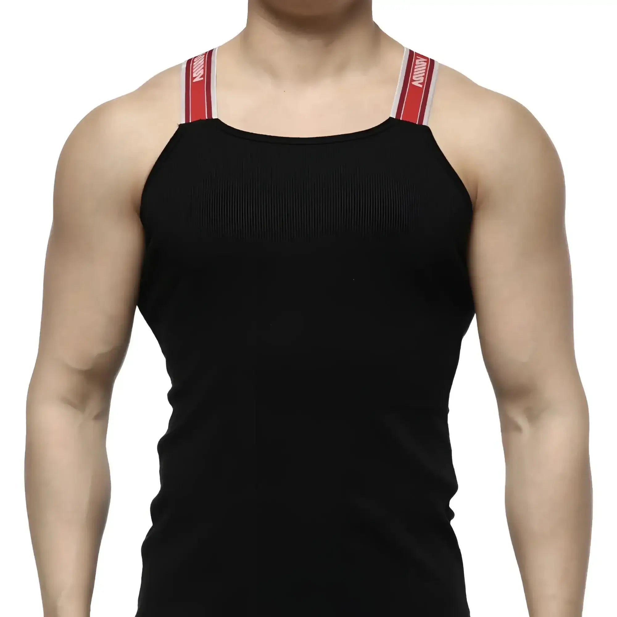 Black tank top with red and white striped shoulder straps and branded metro malewear logo model 3124-20