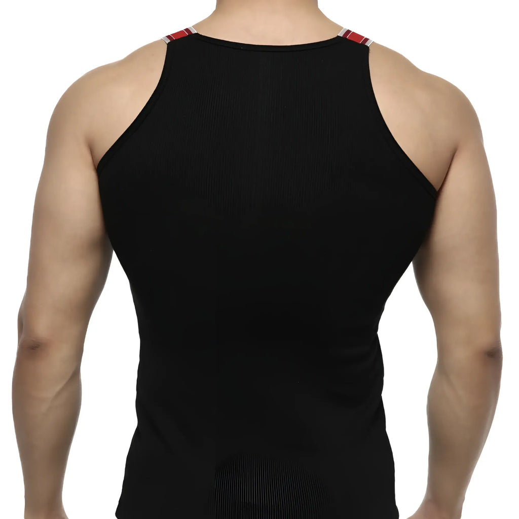 MetroMaleWear relaxed black tank top with red and white striped trim on shoulder straps for casual wear