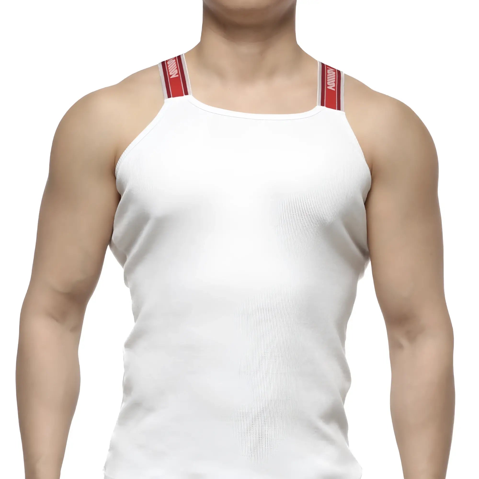 Metro male wear relaxed white tank top with ribbed fabric and red and white striped shoulder straps