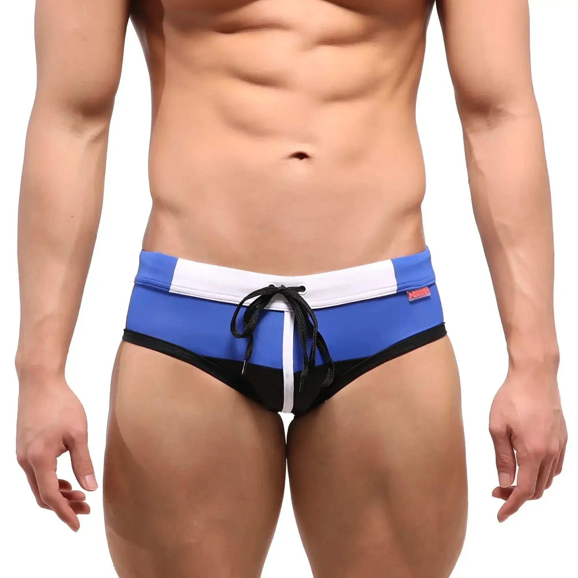 MetroMaleWear Reno swim brief black blue and black trunks with white waistband and matching drawstring for swimming