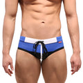 MetroMaleWear Reno swim brief black blue and black trunks with white waistband and matching drawstring for swimming