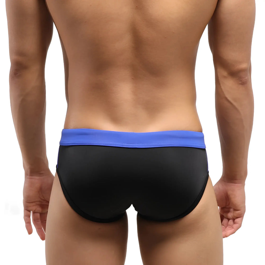 Black swim trunks with vibrant blue elastic waistband from MetroMaleWear Reno Swim Brief black 4962-20