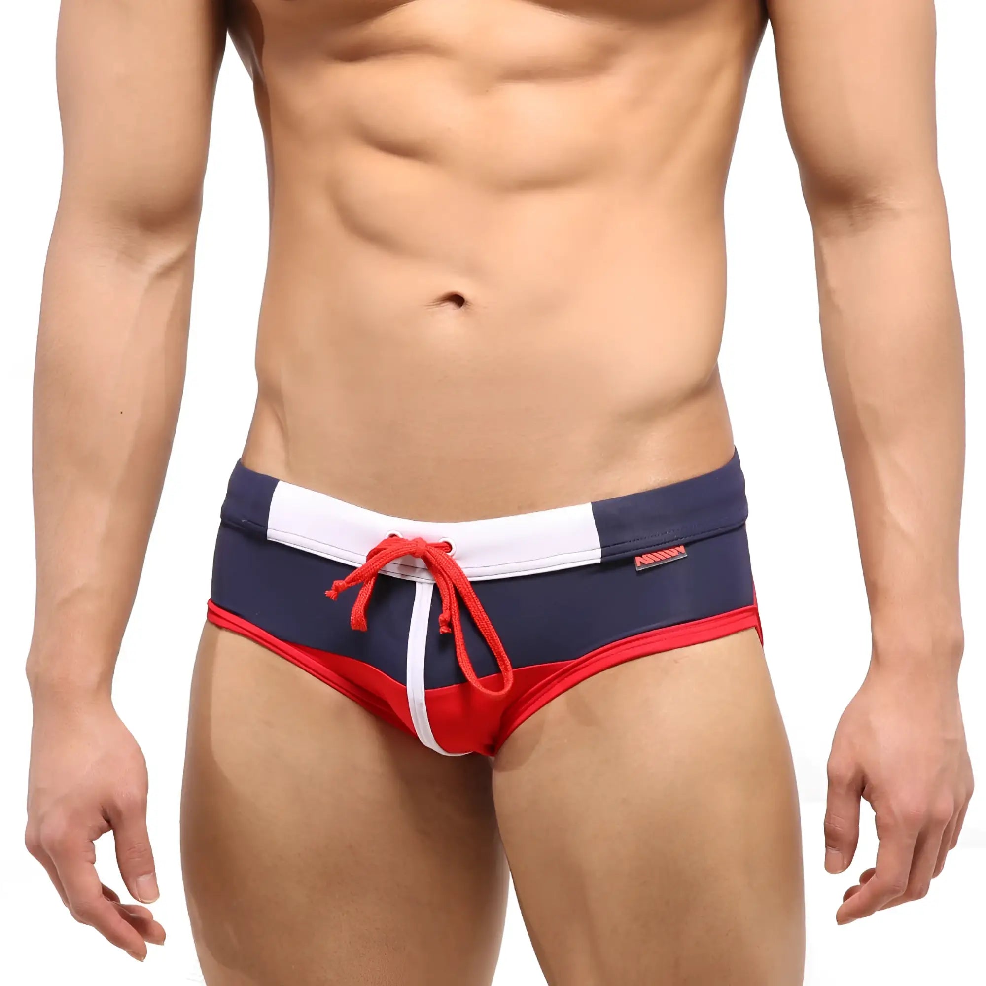 Navy blue and red metro malewear reno swim brief with white trim and red drawstring for swimming and beachwear