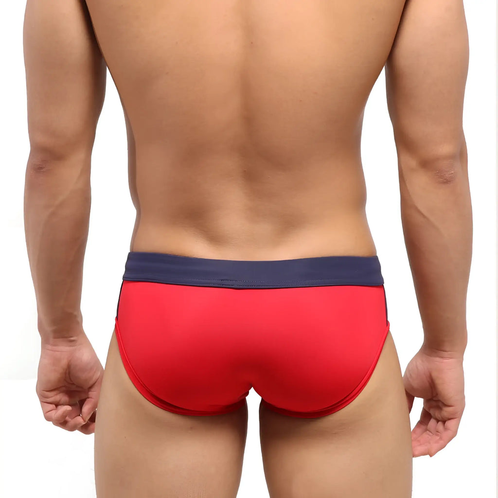MetroMaleWear Reno swim brief in red with a navy blue waistband designed for comfortable swimming