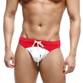Red and white two-tone MetroMaleWear Resort swim brief with drawstring waistband for comfortable beachwear