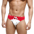 Red and white two-tone MetroMaleWear Resort swim brief with drawstring waistband for comfortable beachwear