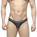 Black thong bikini by MetroMaleWear with silver chain pattern waistband in black fabric shown from the front