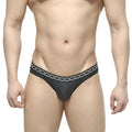 Black thong bikini by MetroMaleWear with silver chain pattern waistband in black fabric shown from the front