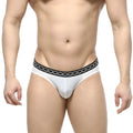 MetroMaleWear Rhapsody bikini white briefs with black waistband featuring embossed chain pattern for men