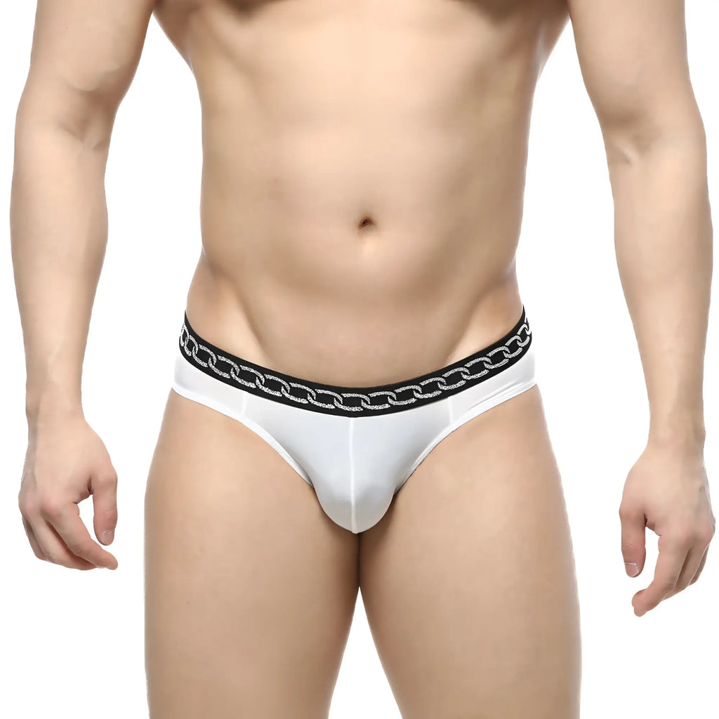 MetroMaleWear Rhapsody bikini white briefs with black waistband featuring embossed chain pattern for men