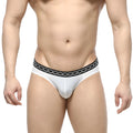 MetroMaleWear Rhapsody bikini white briefs with black waistband featuring embossed chain pattern for men