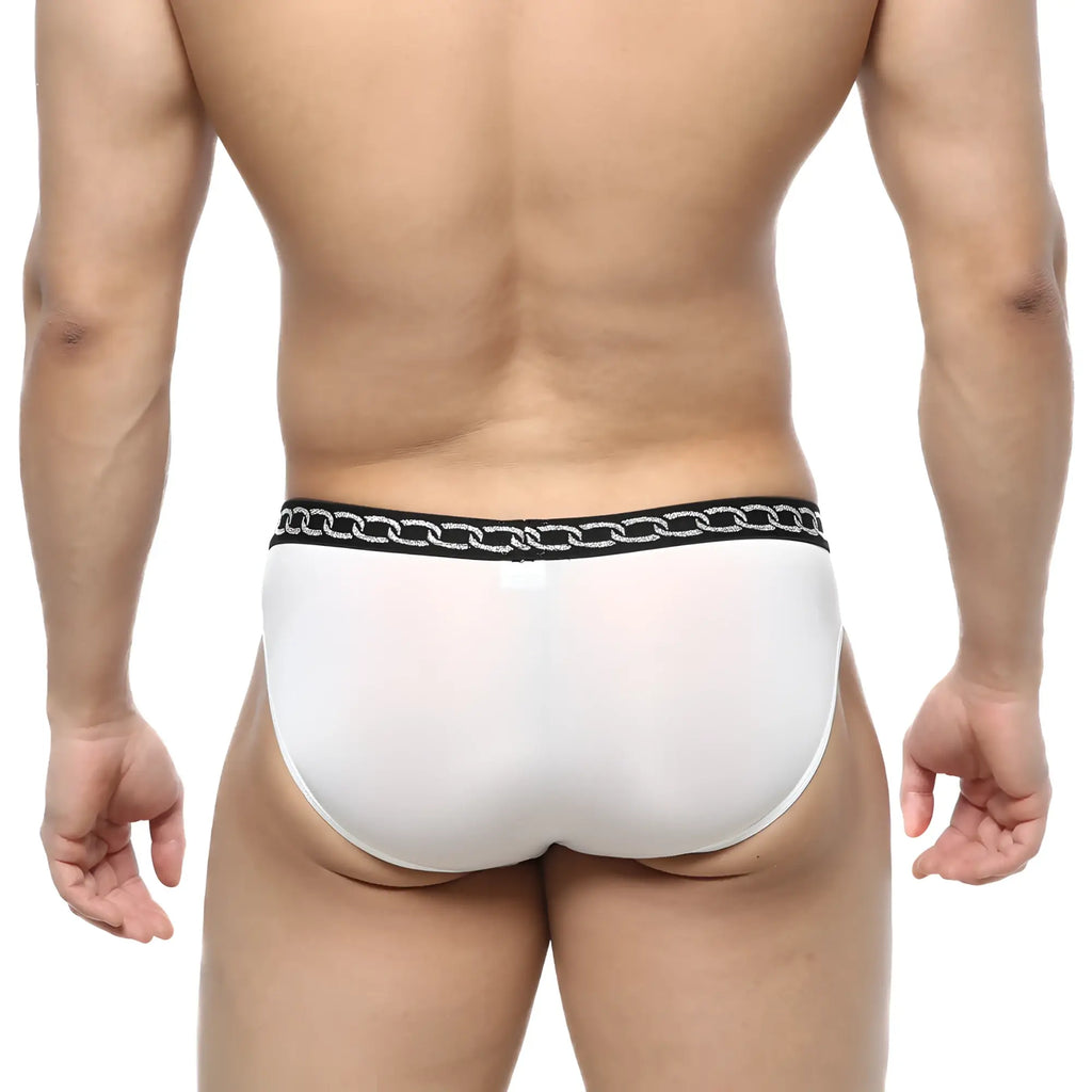 MetroMalewear rhapsody bikini white 5105-01 white men’s briefs with black waistband and silver chain pattern