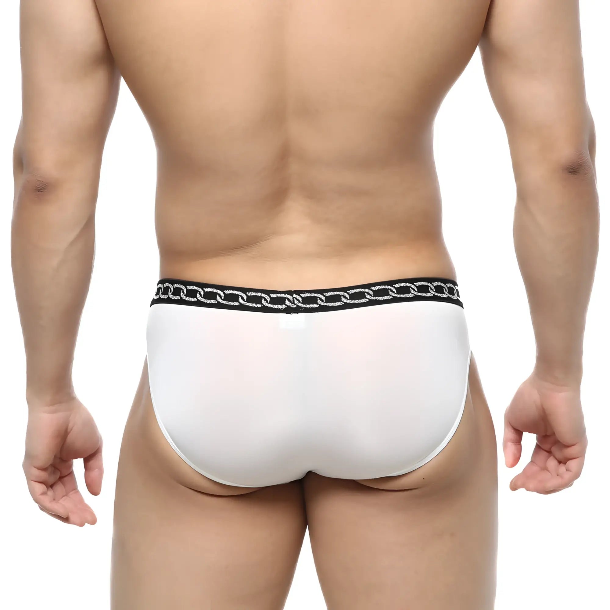 MetroMalewear rhapsody bikini white 5105-01 white men’s briefs with black waistband and silver chain pattern