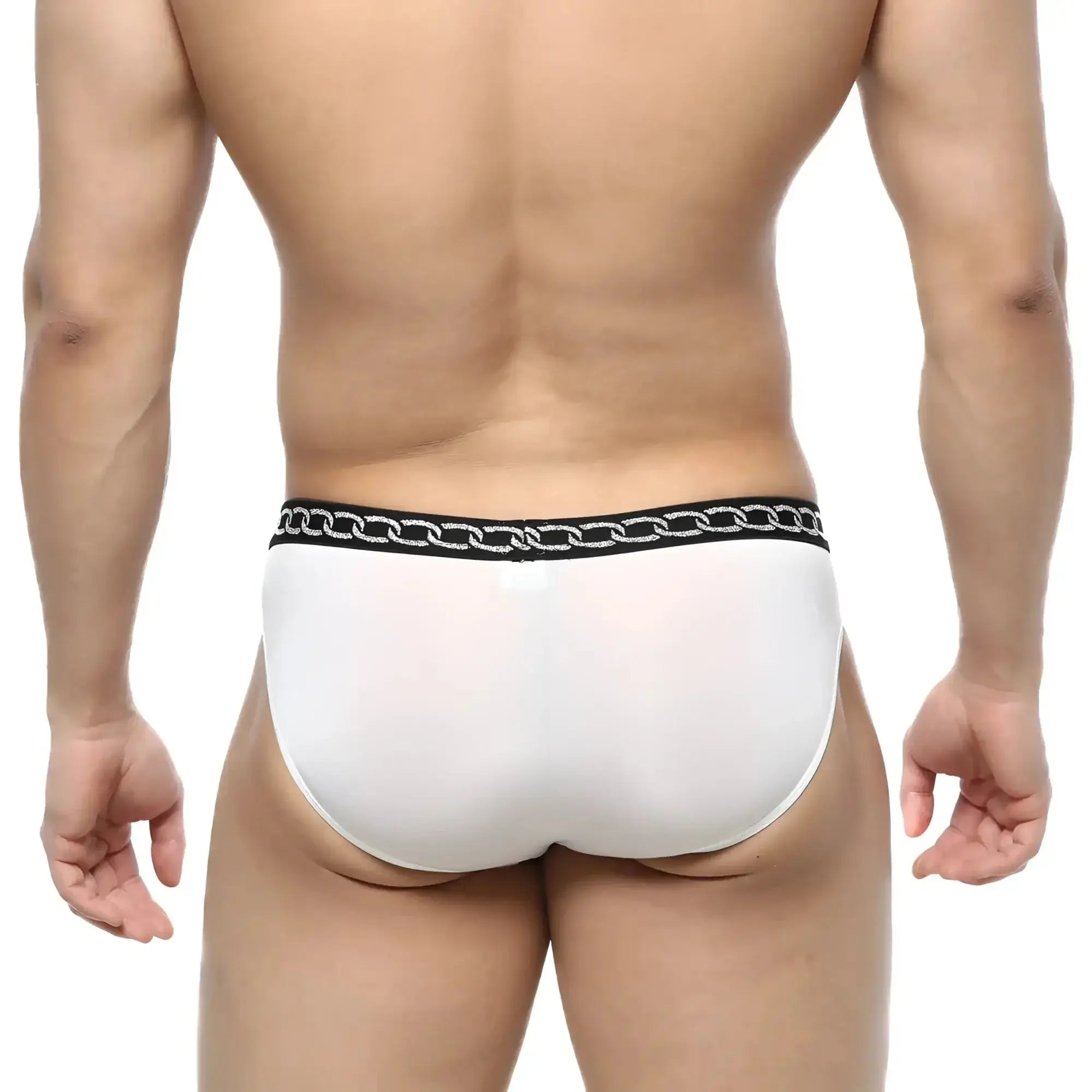 MetroMalewear rhapsody bikini white 5105-01 white men’s briefs with black waistband and silver chain pattern
