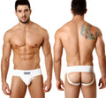 White athletic rib cotton classic jock strap briefs with branded logo on waistband by metro male wear