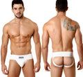 White athletic rib cotton classic jock strap briefs with branded logo on waistband by metro male wear
