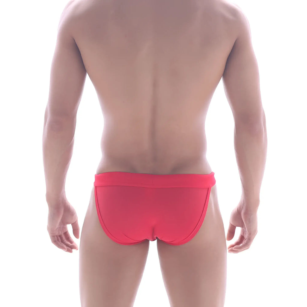 Bright red form-fitting swim trunks with smooth fabric and contoured design from MetroMaleWear Rio Swim Bikini America 4949-91