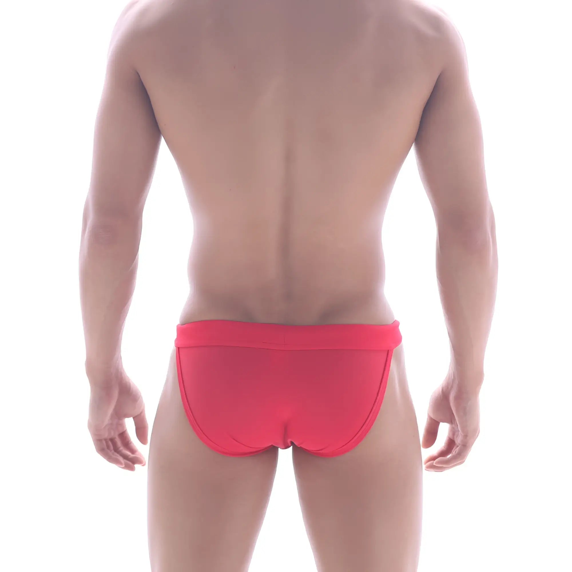 Bright red form-fitting swim trunks with smooth fabric and contoured design from MetroMaleWear Rio Swim Bikini America 4949-91