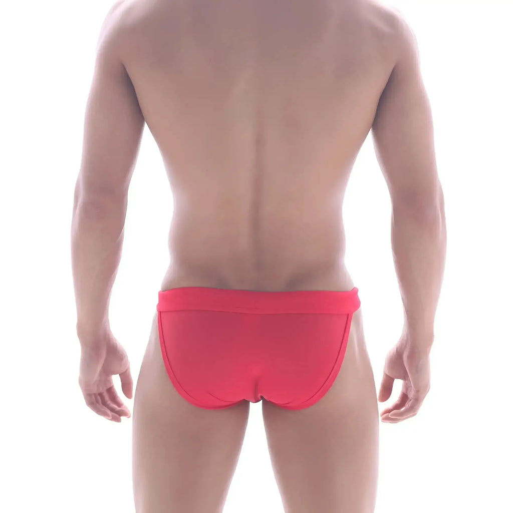 Bright red form-fitting swim trunks with smooth fabric and contoured design from MetroMaleWear Rio Swim Bikini