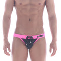 Metro malewear rio swim bikini black 4949-20 featuring black and pink swim trunks with bright pink waistband and logo