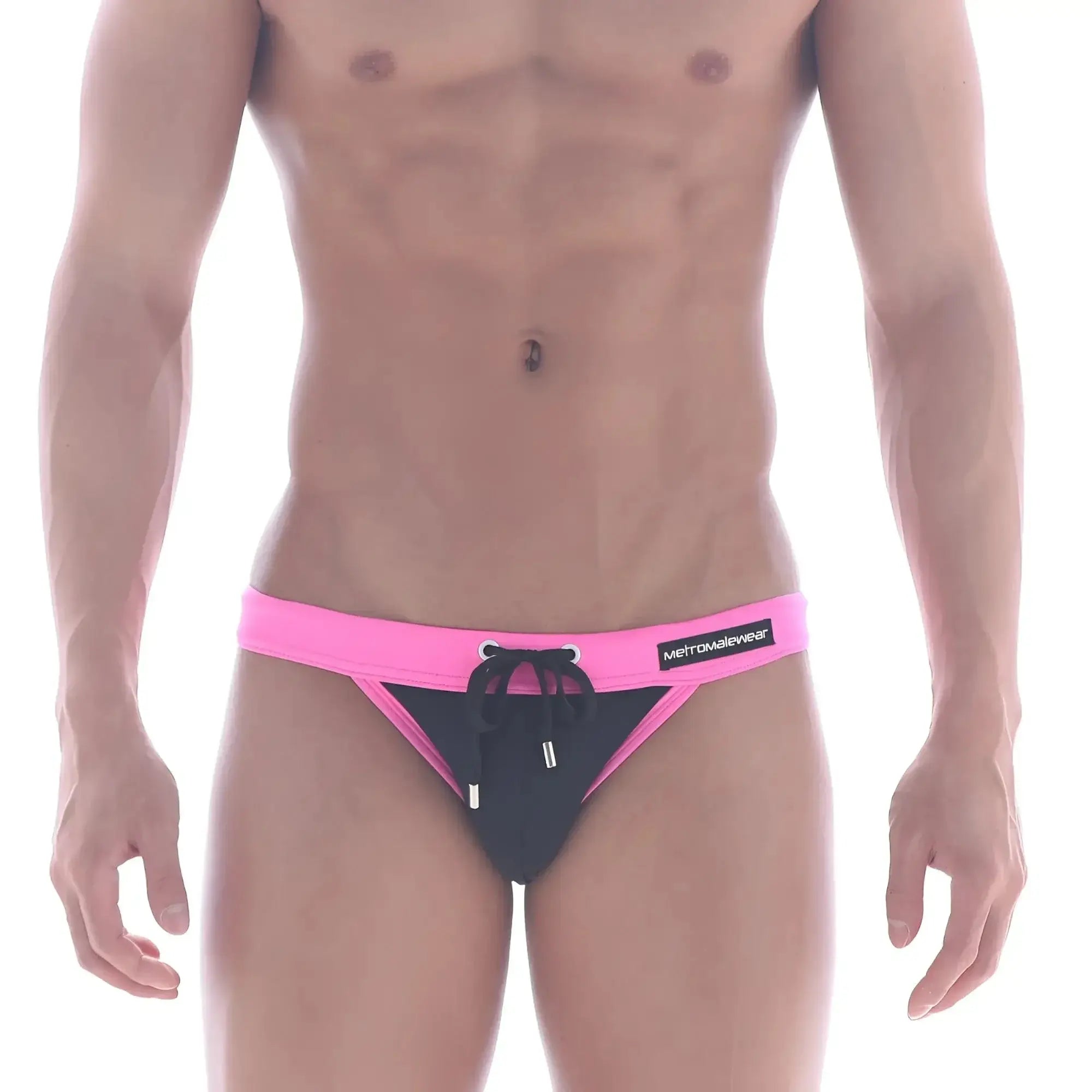 Metro malewear rio swim bikini black 4949-20 featuring black and pink swim trunks with bright pink waistband and logo