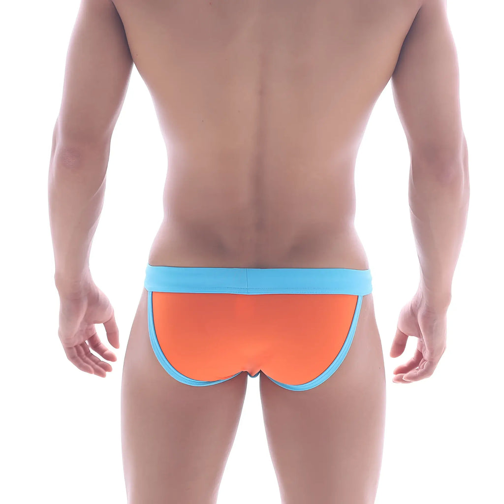 Metro malewear rio swim bikini orange 4949-14 bright orange swim trunks with light blue elastic waistband and trim
