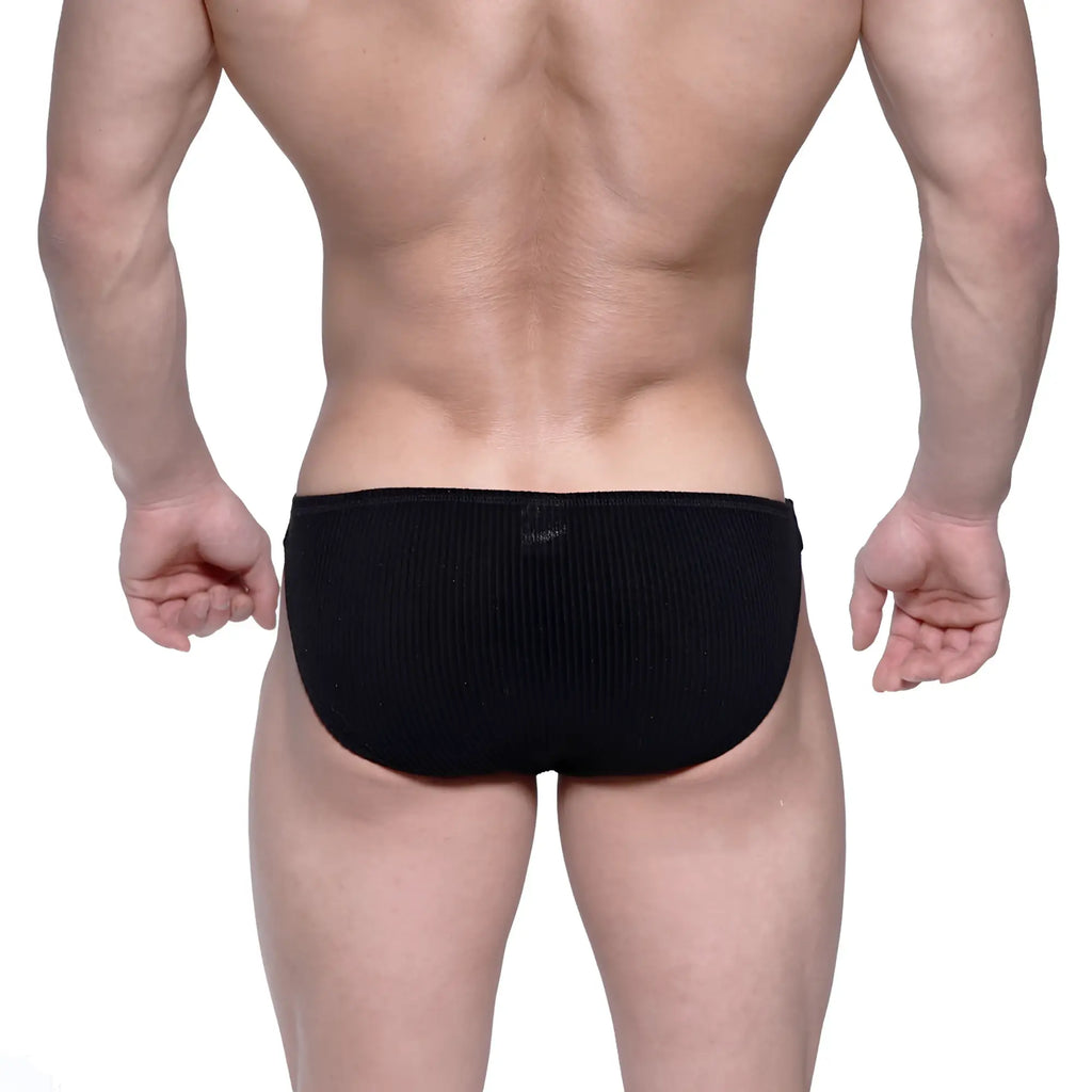 Black ribbed knit briefs metro malewear rivera bikini 6006-20 showing front side design and fit