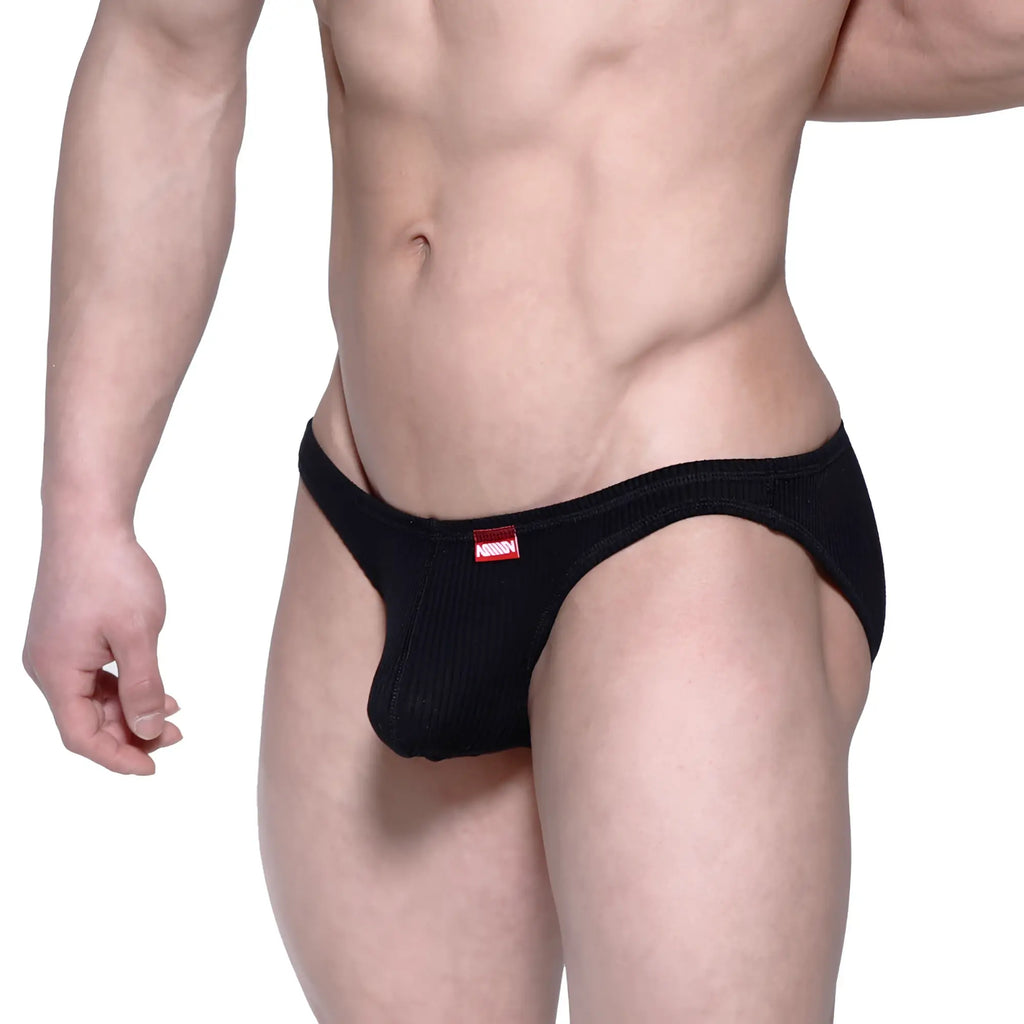 Black ribbed metro male wear rivera bikini briefs with red brand tag designed for men’s comfort and style