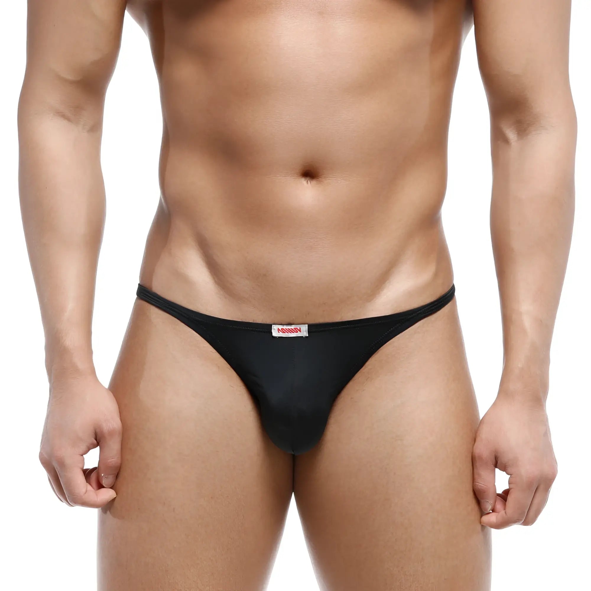 Black men’s thong with small white label at waistband metroMalewear romantic bikini black 6008-20 front view