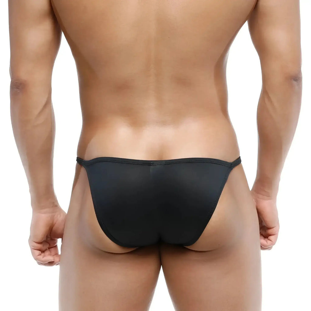 Black form-fitting thong made of smooth stretchy fabric metroMalewear romantic bikini 6008-20 back side view