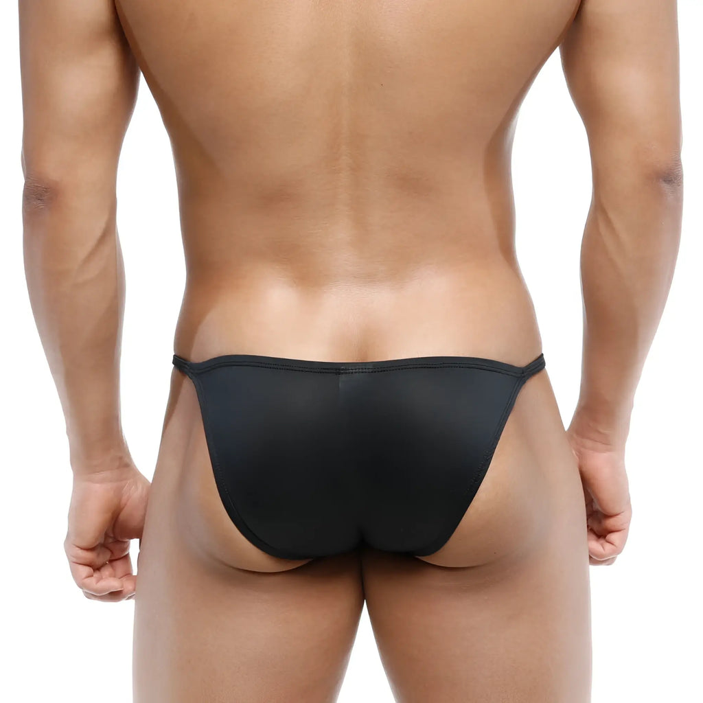 Black form-fitting thong made of smooth stretchy fabric metroMalewear romantic bikini 6008-20 back side view