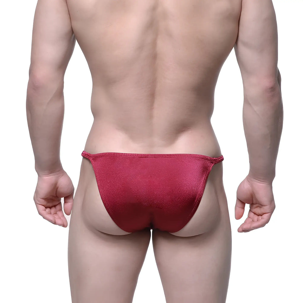MetroMaleWear romantic bikini burgundy red metallic fabric briefs showcasing bold color and shiny material
