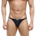 Black men’s navy thong with small red and white MetroMaleWear brand tag at the front for a romantic look
