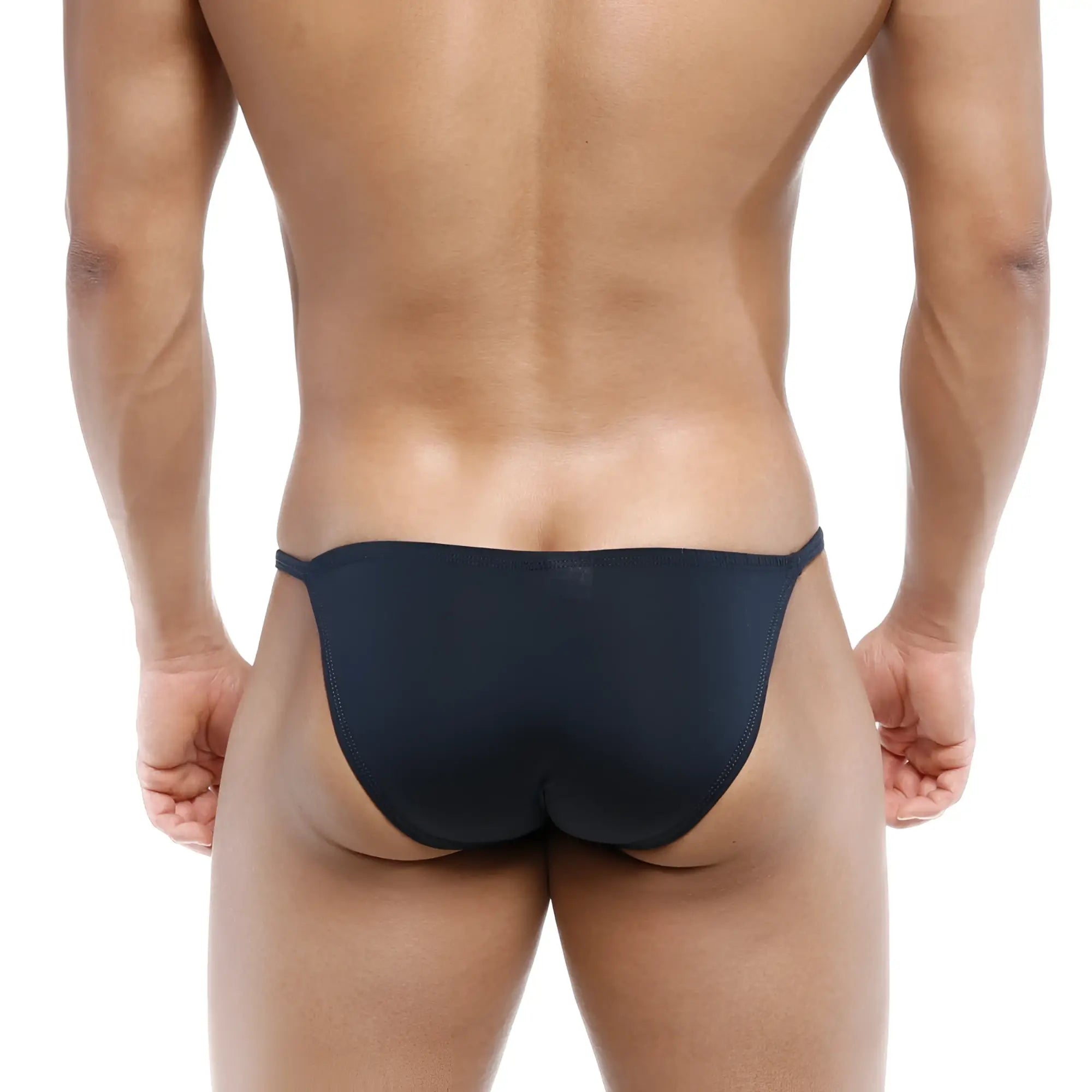 Black form-fitting thong made of smooth stretchy fabric by metromalewear romantic bikini navy 6008-28