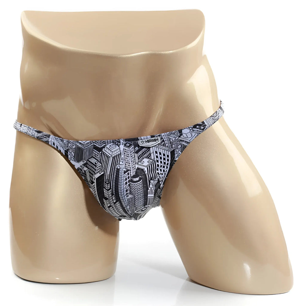 MetroMalewear romantic bikini skyscraper 6008-48 black and white cityscape patterned men’s briefs on a mannequin