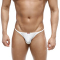 White form-fitting thong with subtle red logo tag at waistband by metromalewear romantic bikini 6008-00