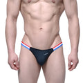 MetroMaleWear Romeo thong black featuring a red white and blue striped waistband with the mew logo