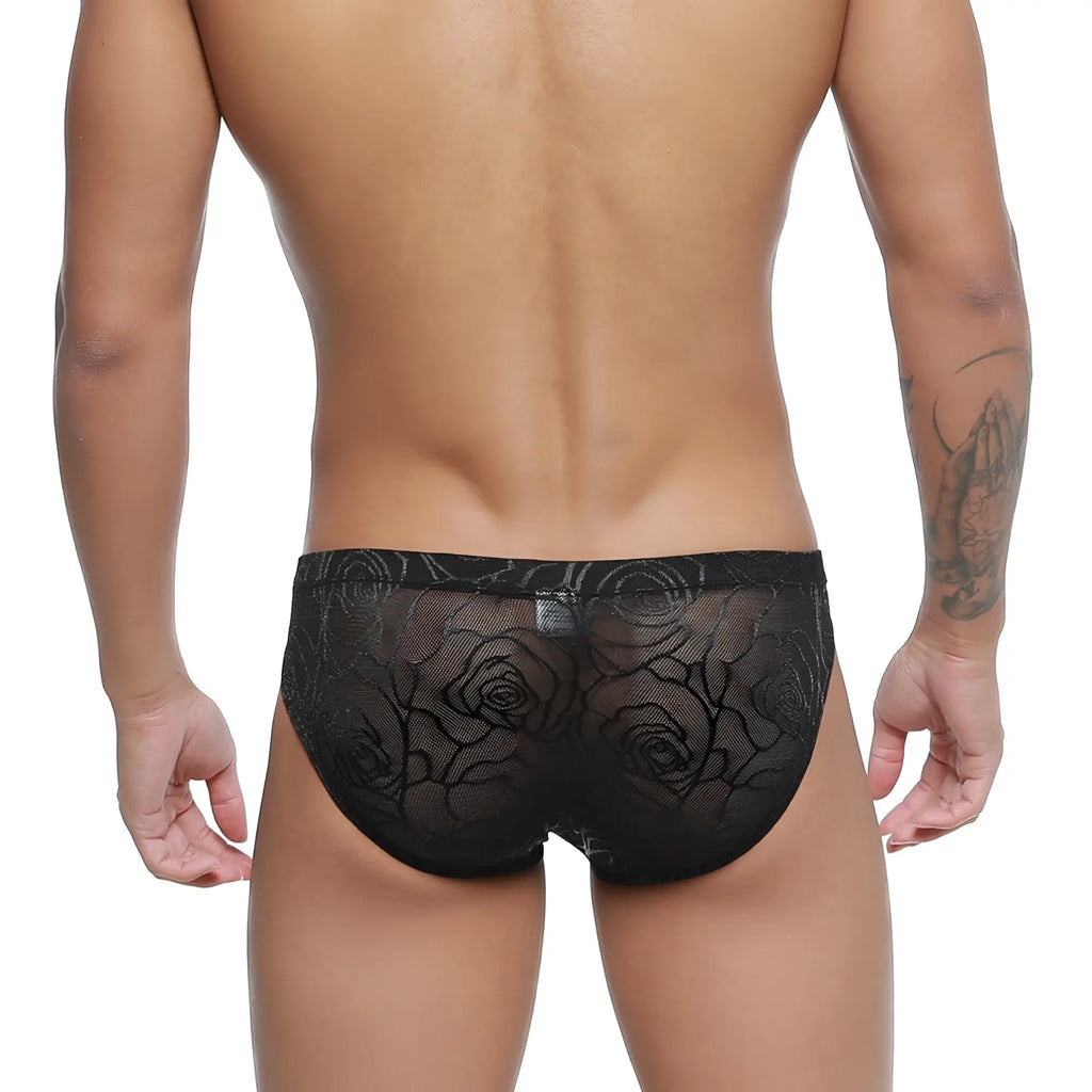 Black lace briefs with intricate rose pattern from metromalewear rosa bikini 5103-m31 product line