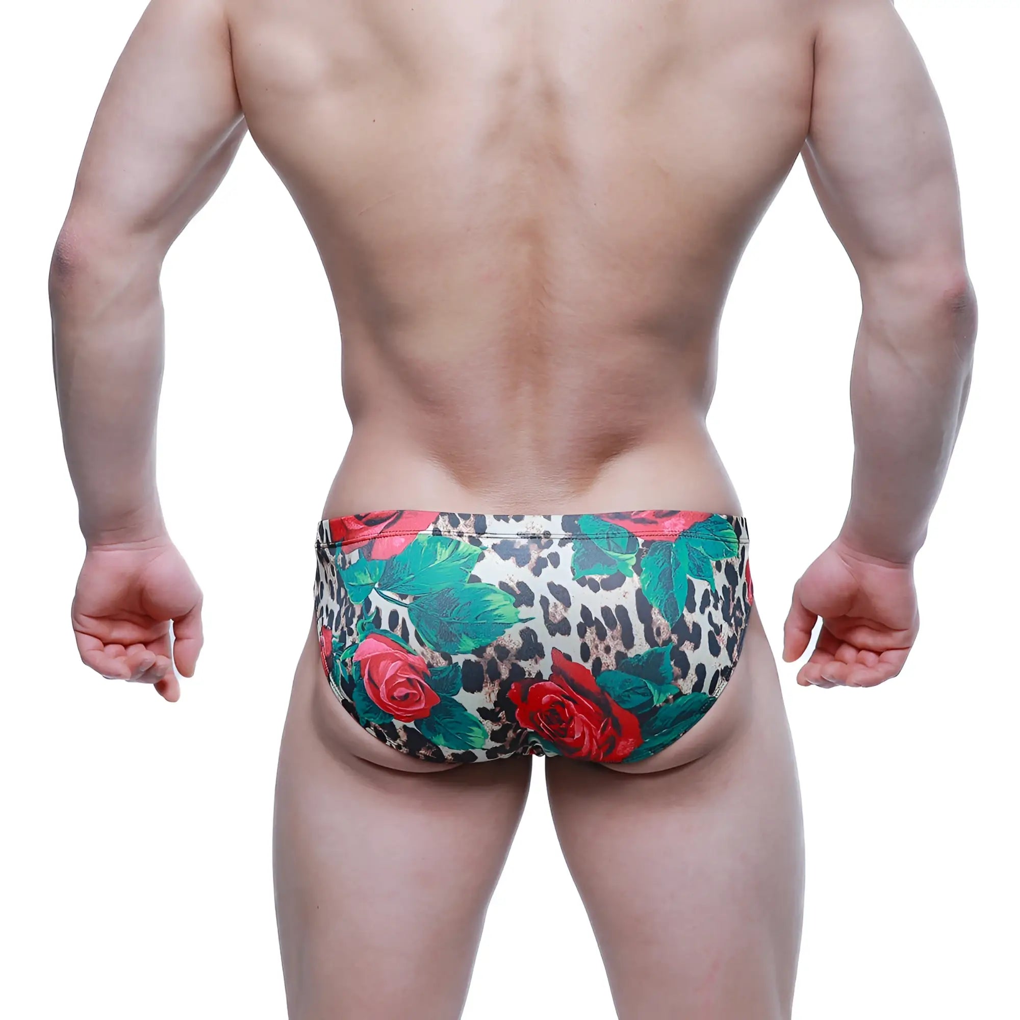 MetroMaleWear Rosee Bikini 5103-M81 leopard print swim trunks with vibrant red roses and lush green leaves design