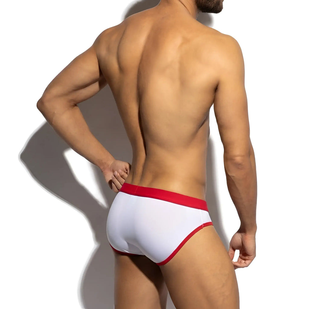 White briefs with a red waistband and trim from MetroMaleWear Roxette Brief red 1183-12 for comfortable daily wear
