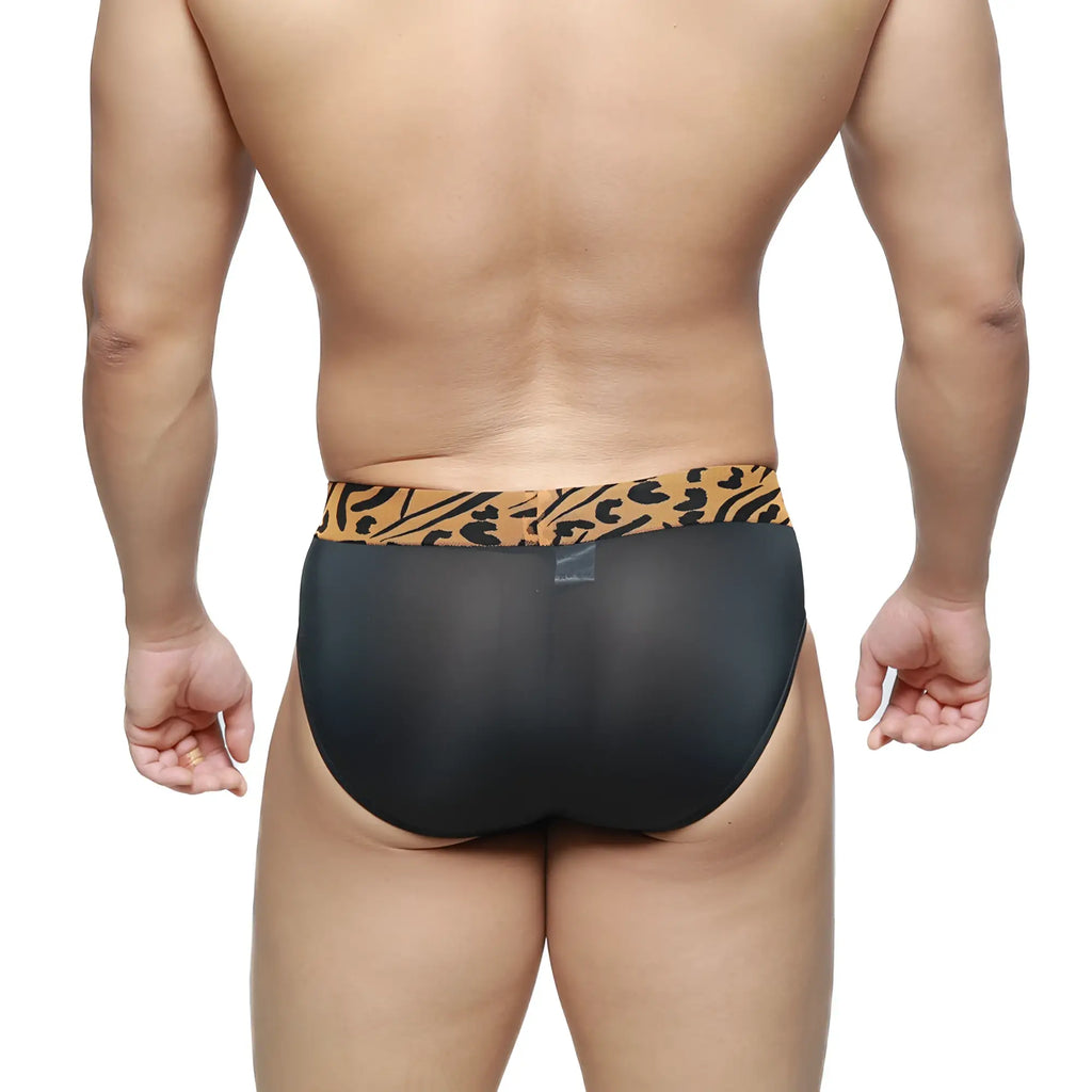 MetroMaleWear Sabana Brief Black 5003-55 black mesh briefs with tan and black leopard print waistband front view