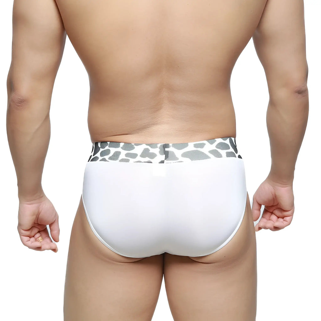 White briefs with a gray and white giraffe print waistband from metromalewear sabana brief white 5003-54