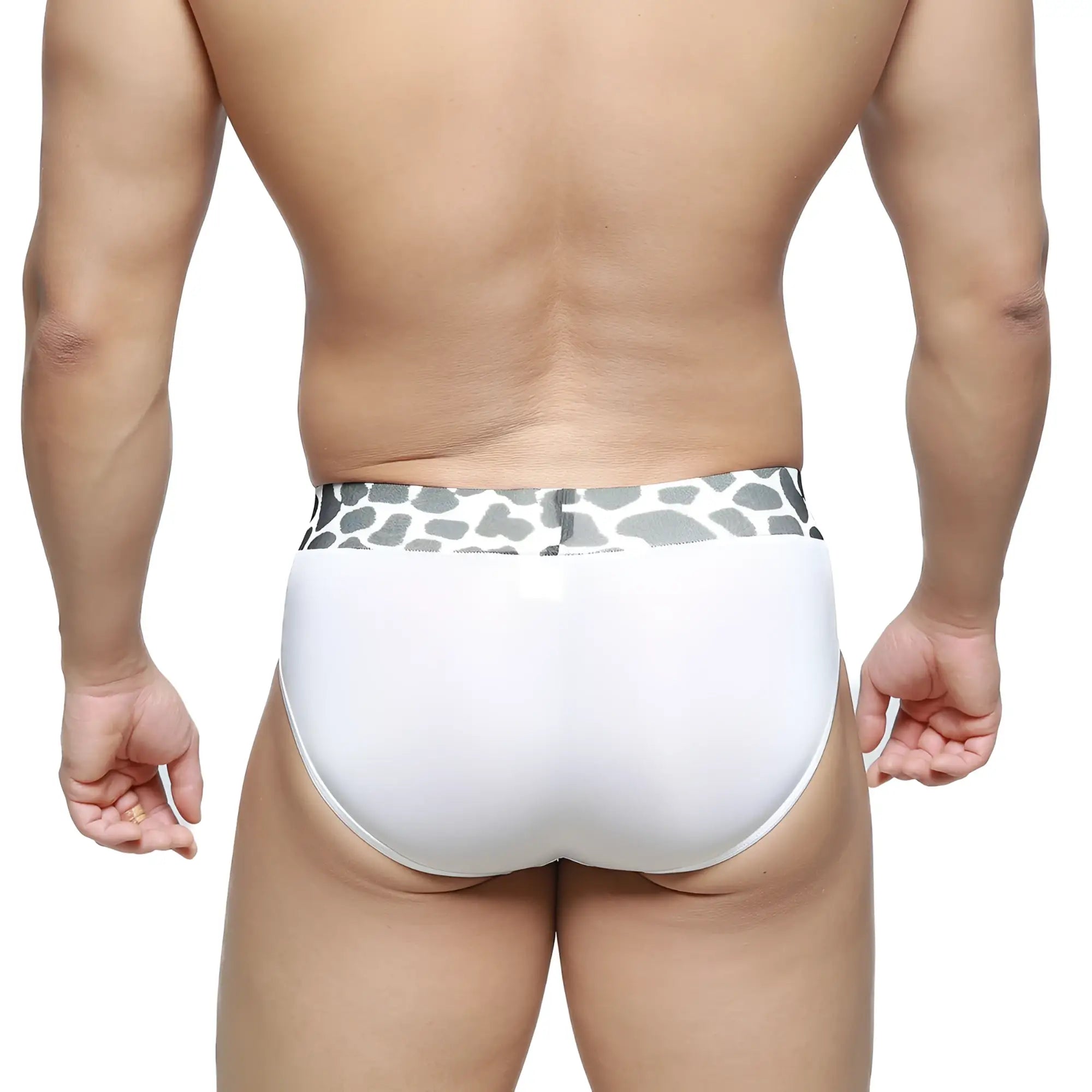 White briefs with a gray and white giraffe print waistband from metromalewear sabana brief white 5003-54