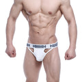 White athletic briefs with a gray logo waistband band by metromalewear sabana thong 1042-00