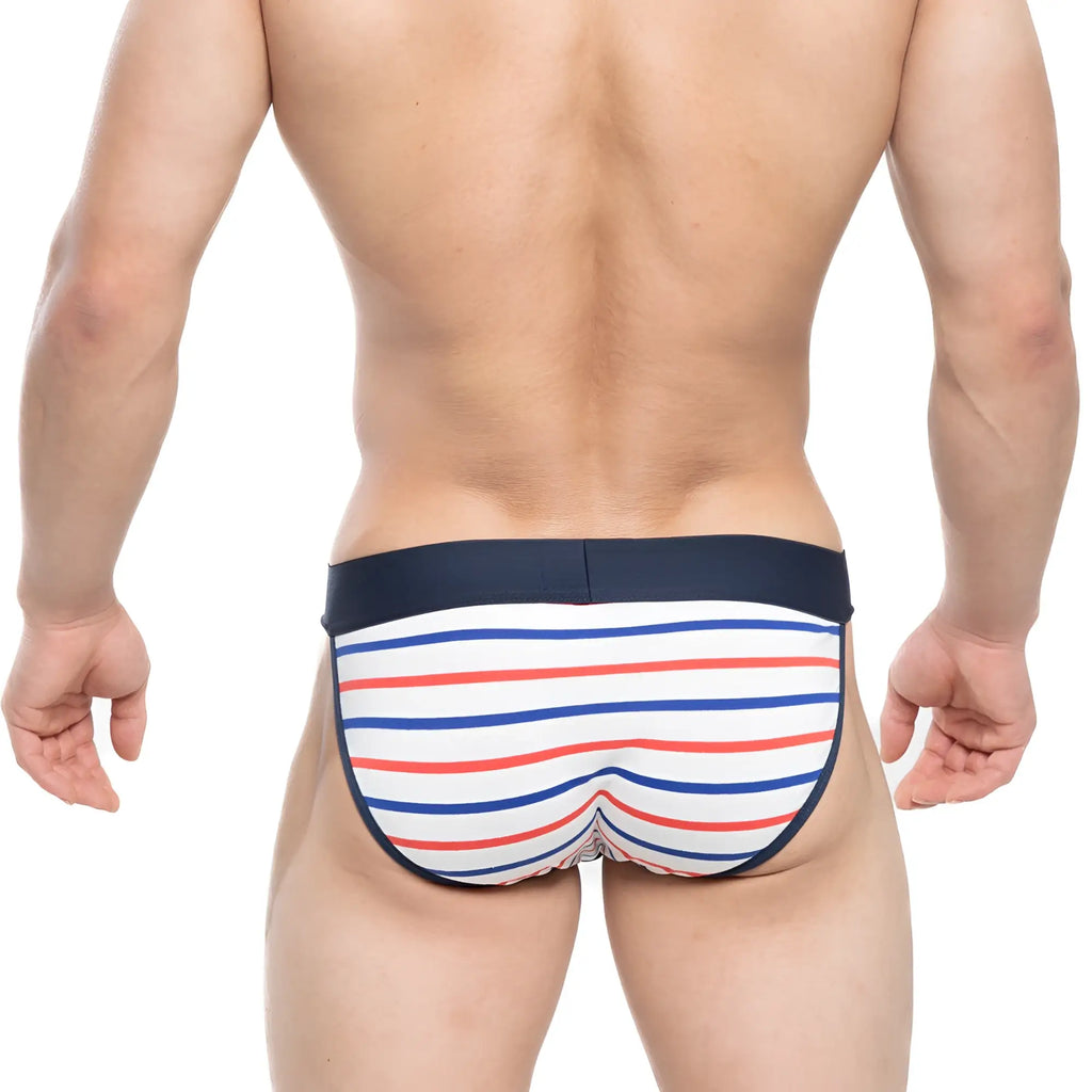 Striped mens briefs in white red and blue with a navy waistband from metromalewear sailor stripe bikini 3004-75