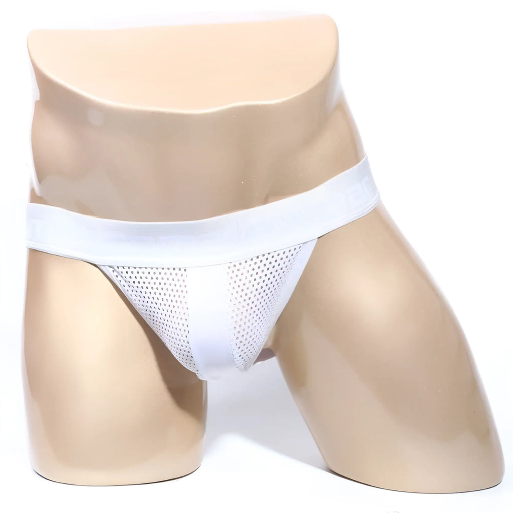 MetroMaleWear SANTACRUZ white mesh athletic jock strap with solid white waistband front view