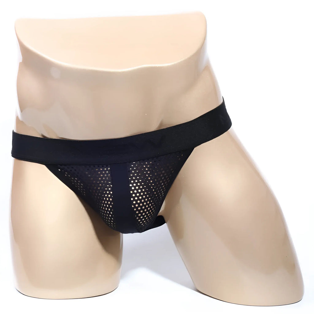 MetroMaleWear santacruz black jock strap with black mesh briefs and solid elastic waistband front view
