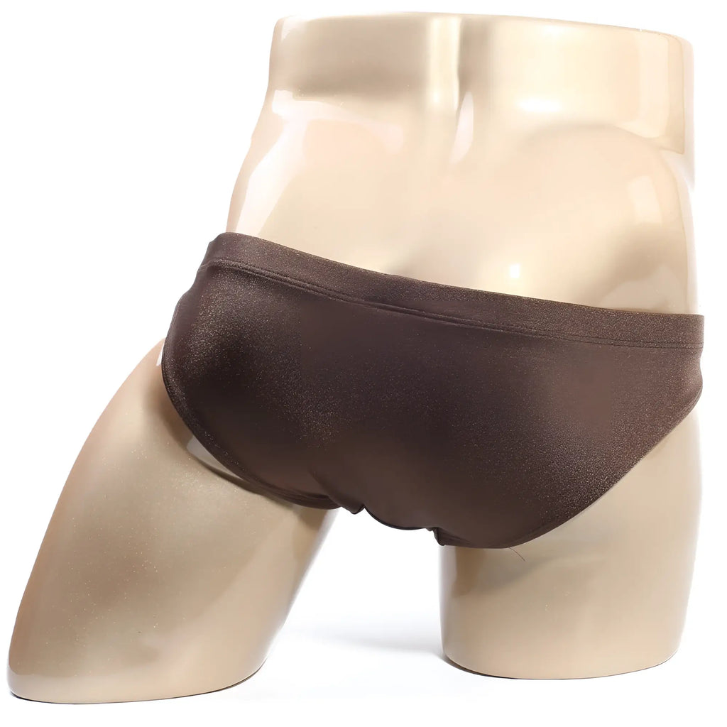 Brown shiny fabric briefs displayed on a mannequin metro male wear santorini swim bikini gold 4921-s21