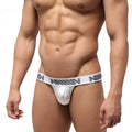 White metallic satin silk briefs with gray logo band from MetroMaleWear for stylish comfort and support