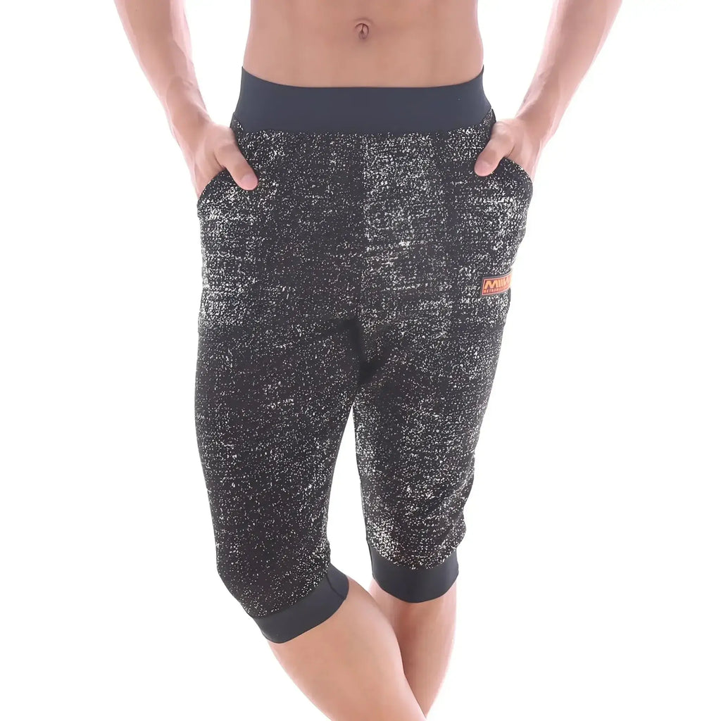 Black and silver speckled capri pants with solid black waistband and cuffs from MetroMaleWear Scandinavia gym shorts 4711-20